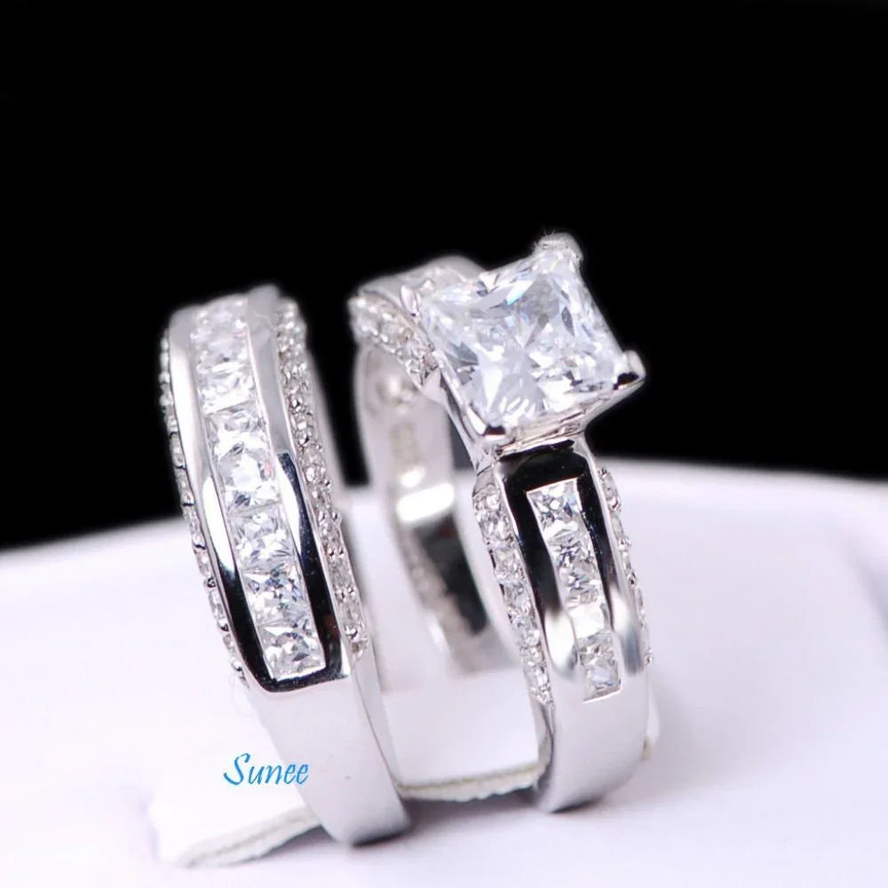 Real 925 His Hers Wedding Engagement Ring Set